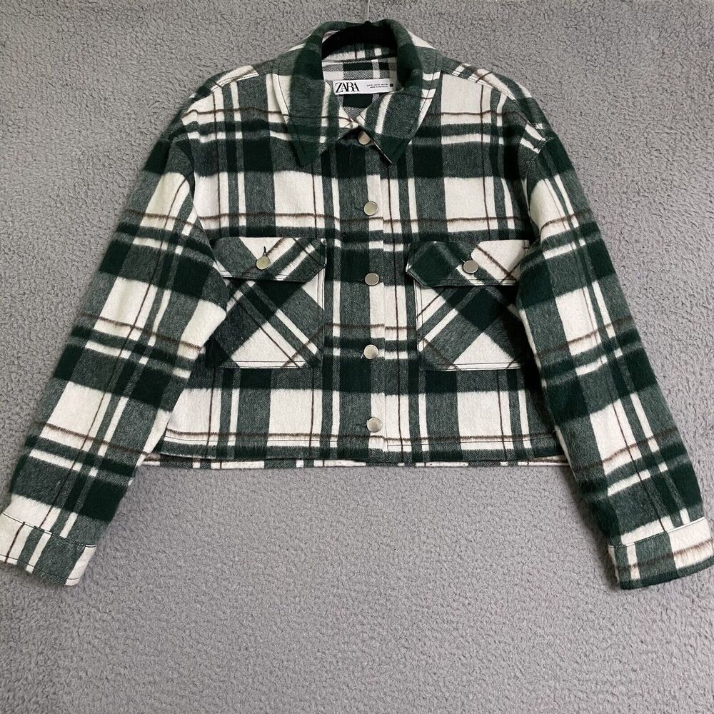 ZARA Cropped Jacket M Green Plaid Button Front Long Slv Oversized Shacket Wool